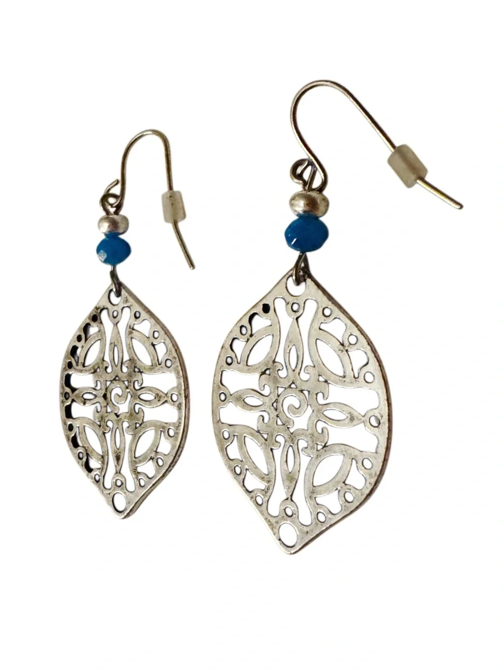 Filigree Leaf Drop Earrings with Blue and Silver Bead Accents